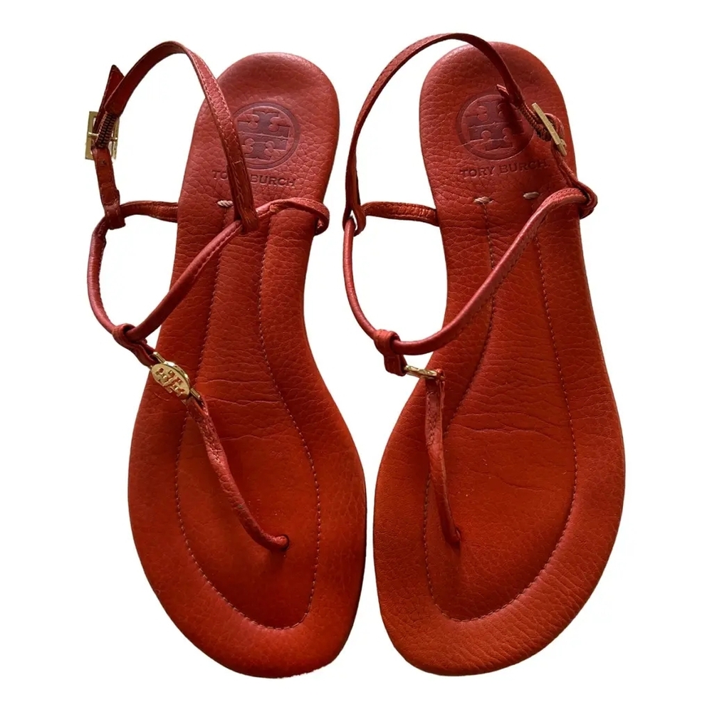 Tory Burch Designer Emmy Red Gold Sandals T Strap 8 - Picture 2 of 11